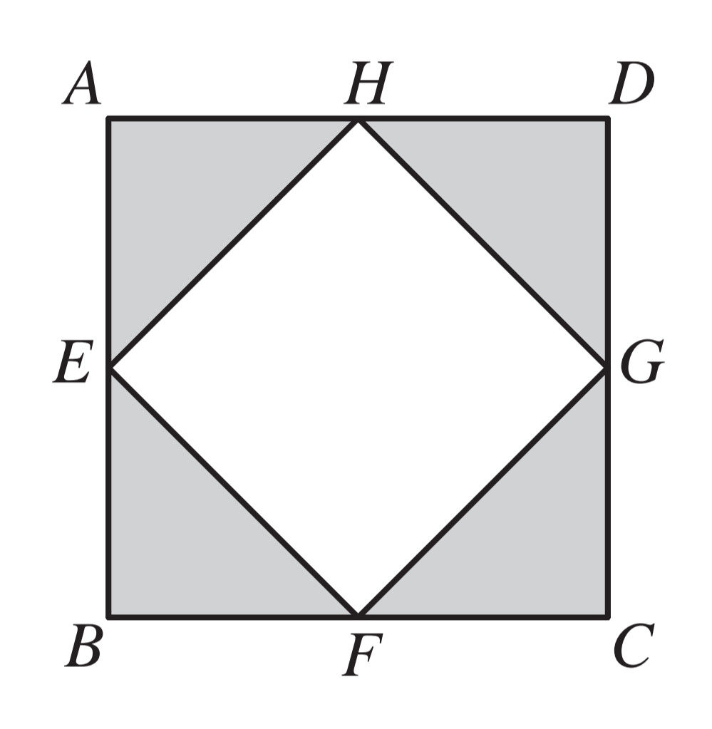 Quadrado ABCD com quadrado EFGH inscrito, sendo E F G H pontos médios dos lados de ABCD
