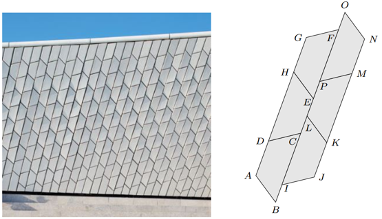 Esquema geométrico de seis trapézios iguais da fachada do MAAT com pontos A a P identificados
